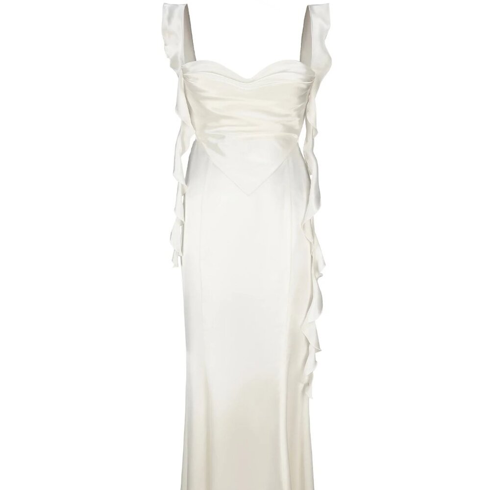 Nana Jacqueline White Satin Maxi Dress with Ruffle Straps